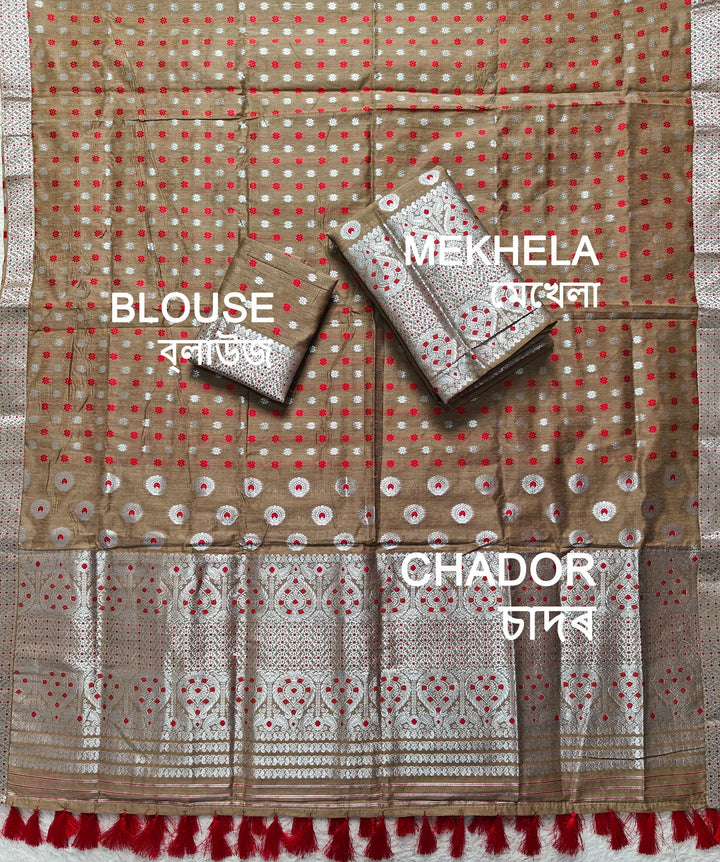 Ready-To-Wear Silver Jari & Dhaga AC Cotton* Mekhela Sador