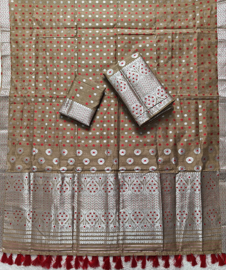 Ready-To-Wear Silver Jari & Dhaga AC Cotton* Mekhela Sador