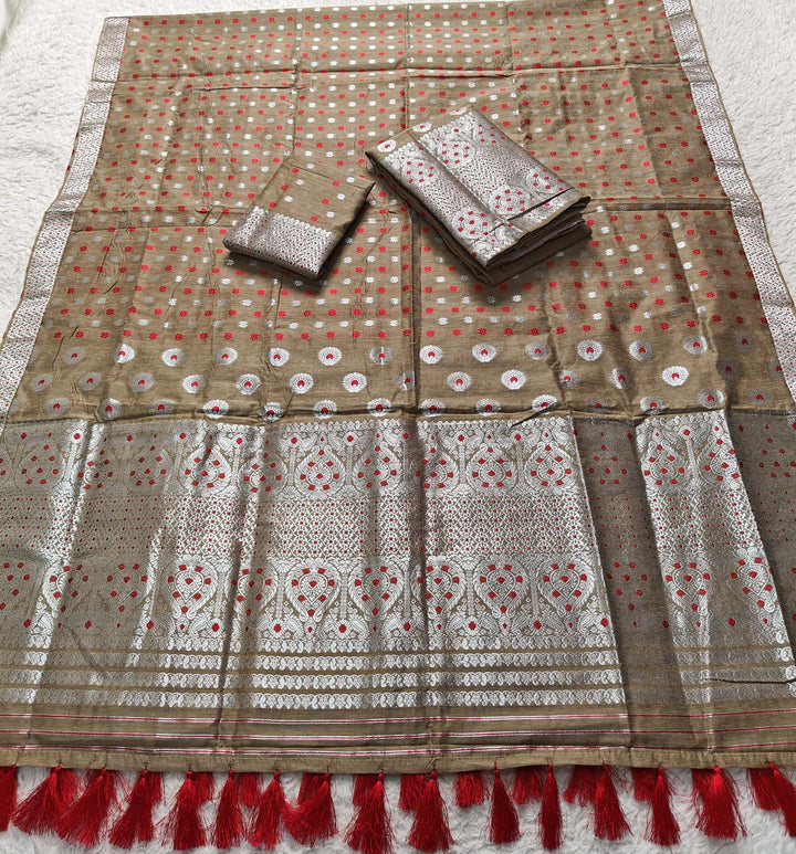 Ready-To-Wear Silver Jari & Dhaga AC Cotton* Mekhela Sador