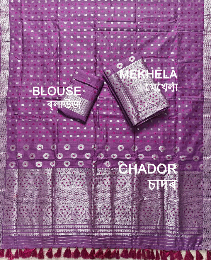 Ready-To-Wear Silver Jari & Dhaga AC Cotton* Mekhela Sador