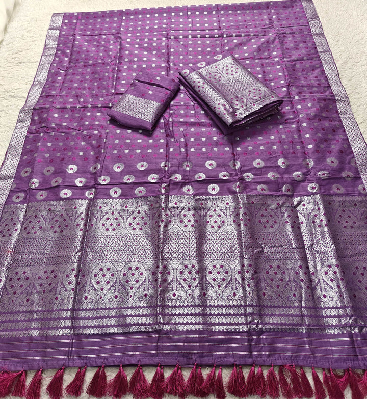 Ready-To-Wear Silver Jari & Dhaga AC Cotton* Mekhela Sador