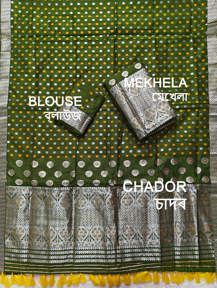 Ready-To-Wear Silver Jari & Dhaga AC Cotton* Mekhela Sador