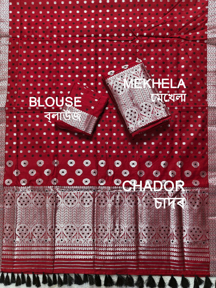 Ready-To-Wear Silver Jari & Dhaga AC Cotton* Mekhela Sador