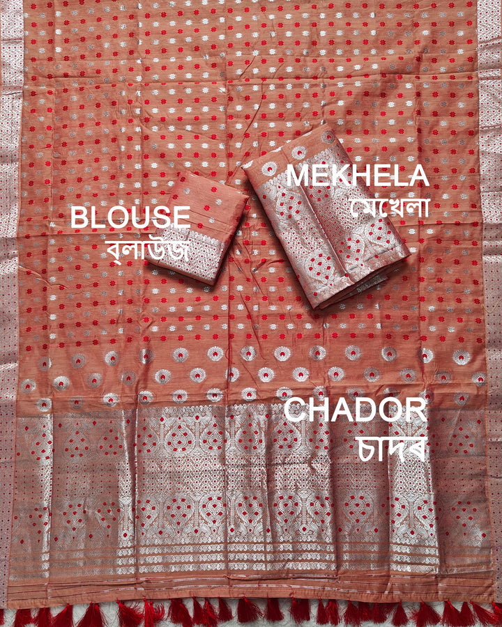 Ready-To-Wear Silver Jari & Dhaga AC Cotton* Mekhela Sador