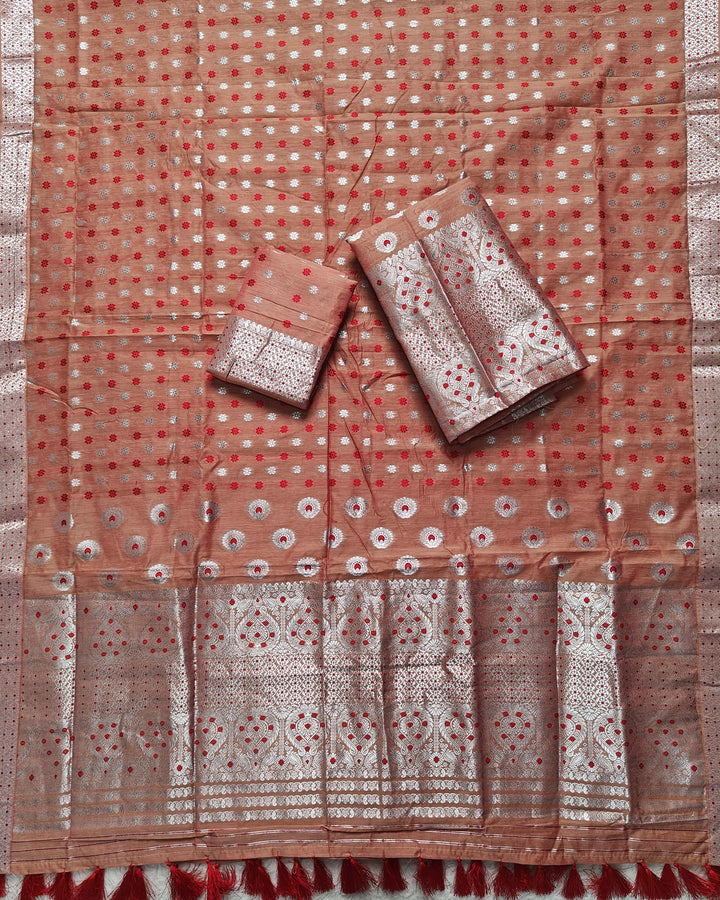 Ready-To-Wear Silver Jari & Dhaga AC Cotton* Mekhela Sador