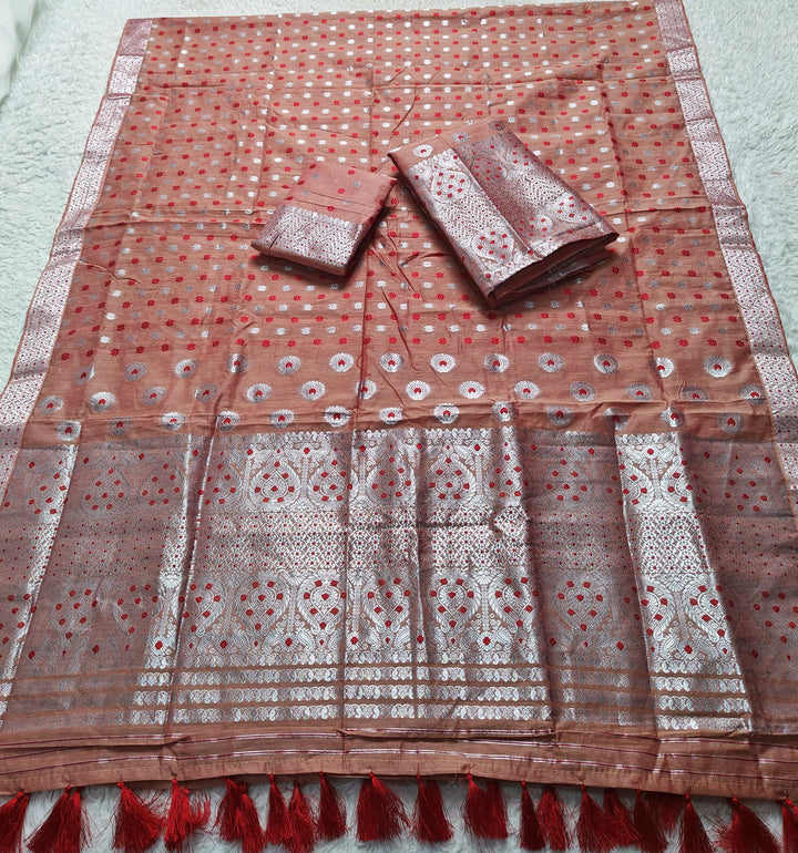 Ready-To-Wear Silver Jari & Dhaga AC Cotton* Mekhela Sador