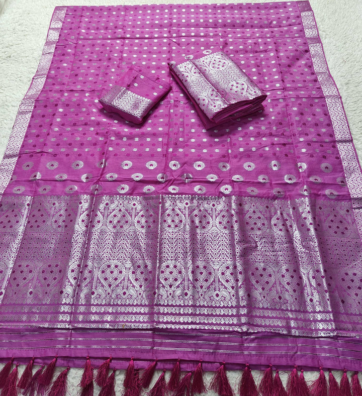 Ready-To-Wear Silver Jari & Dhaga AC Cotton* Mekhela Sador