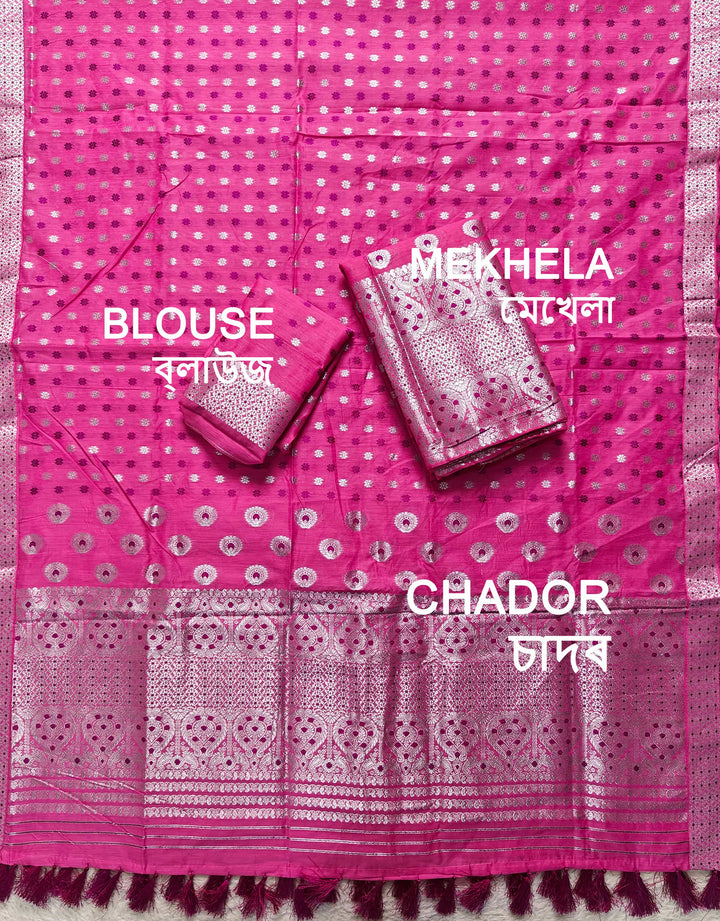 Ready-To-Wear Silver Jari & Dhaga AC Cotton* Mekhela Sador