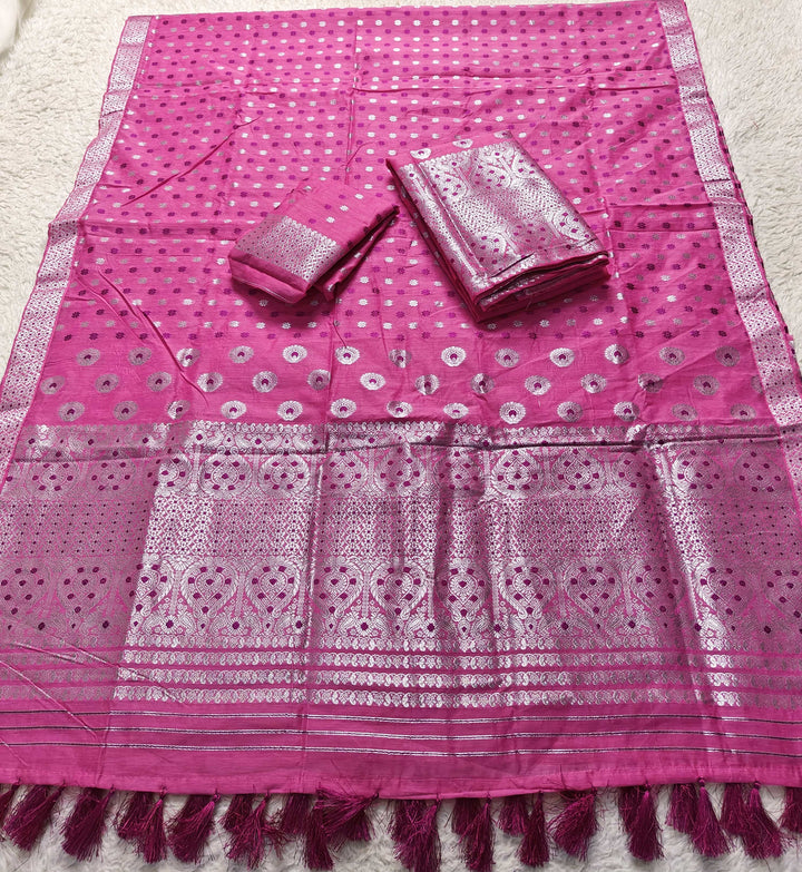 Ready-To-Wear Silver Jari & Dhaga AC Cotton* Mekhela Sador