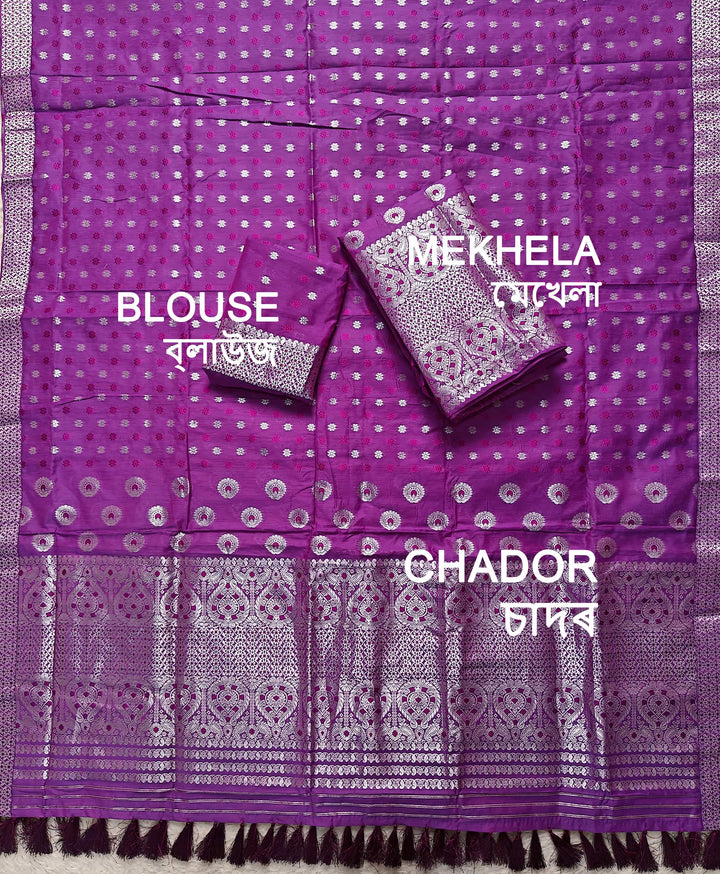 Ready-To-Wear Silver Jari & Dhaga AC Cotton* Mekhela Sador