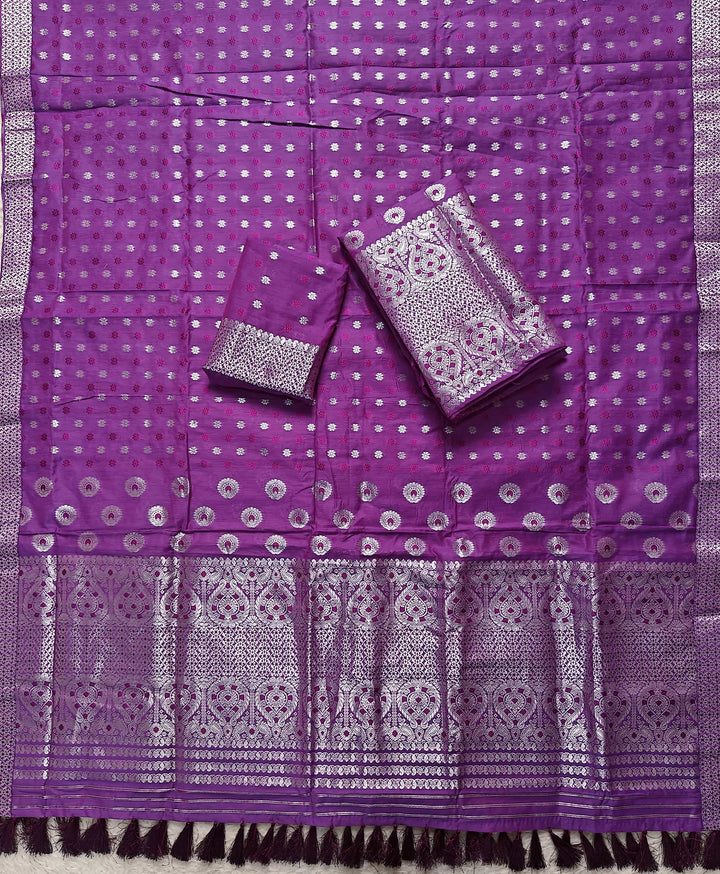 Ready-To-Wear Silver Jari & Dhaga AC Cotton* Mekhela Sador