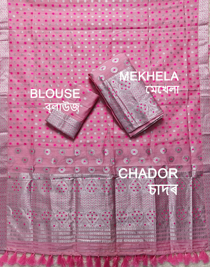 Ready-To-Wear Silver Jari & Dhaga AC Cotton* Mekhela Sador