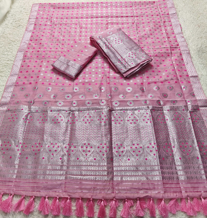 Ready-To-Wear Silver Jari & Dhaga AC Cotton* Mekhela Sador