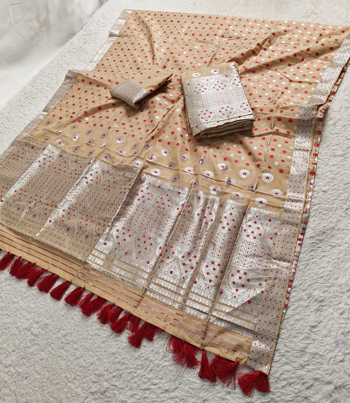 Ready-To-Wear Silver Jari & Dhaga AC Cotton* Mekhela Sador