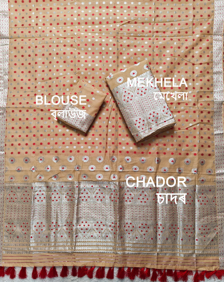 Ready-To-Wear Silver Jari & Dhaga AC Cotton* Mekhela Sador