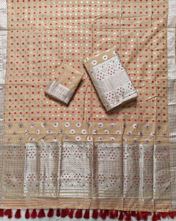 Ready-To-Wear Silver Jari & Dhaga AC Cotton* Mekhela Sador