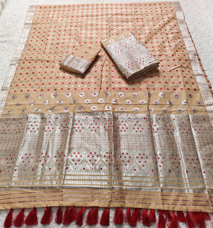 Ready-To-Wear Silver Jari & Dhaga AC Cotton* Mekhela Sador