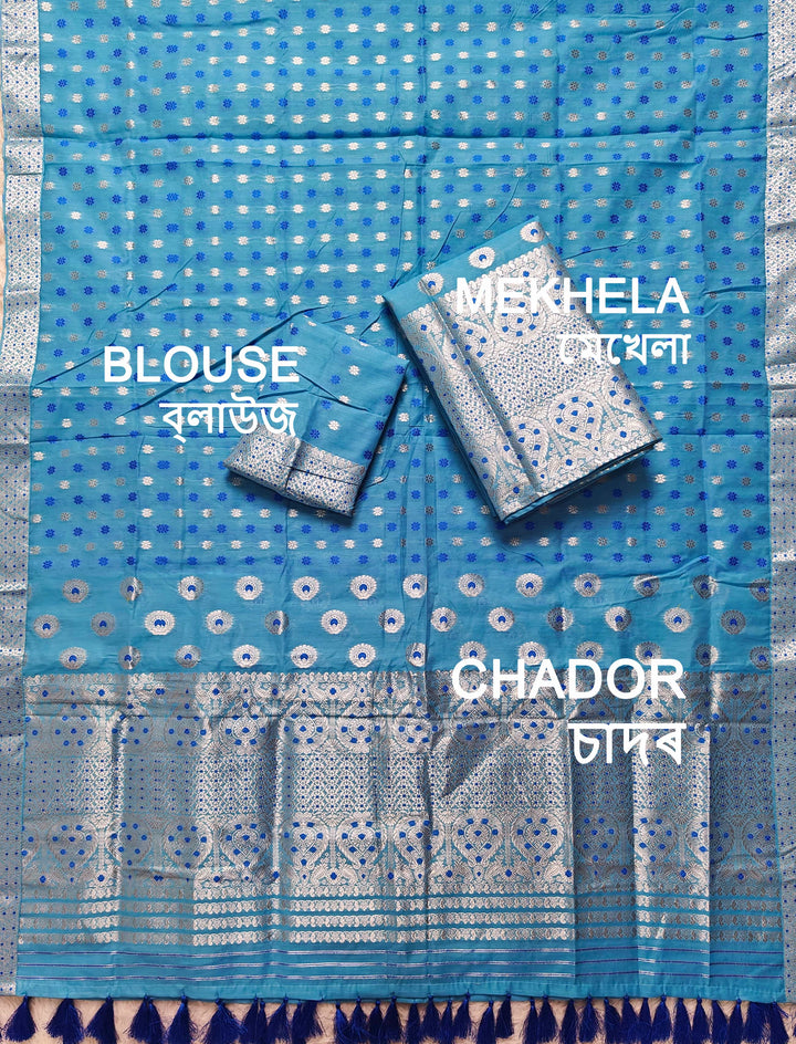 Ready-To-Wear Silver Jari & Dhaga AC Cotton* Mekhela Sador