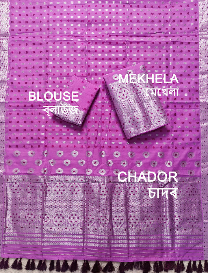 Ready-To-Wear Silver Jari & Dhaga AC Cotton* Mekhela Sador