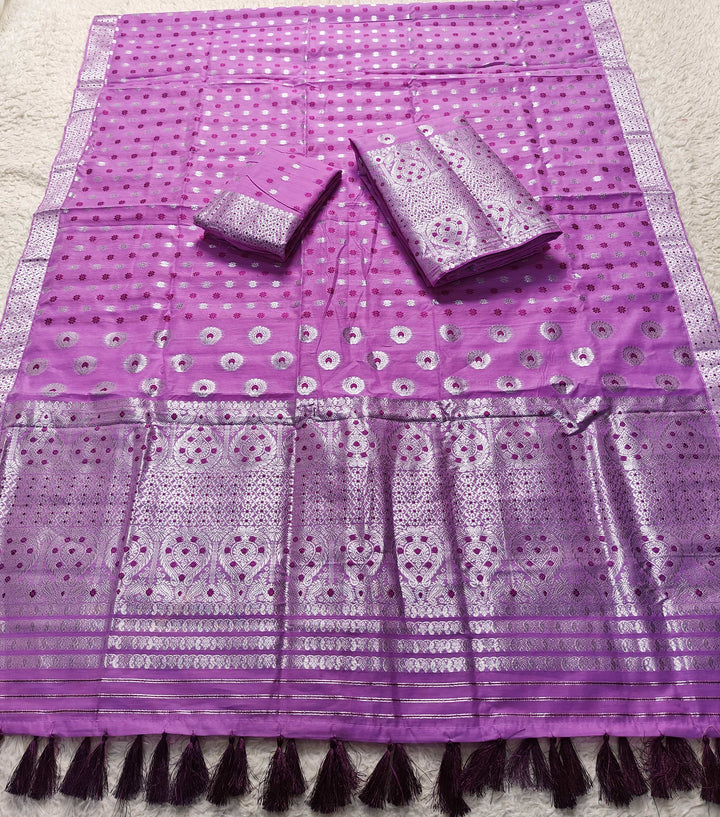 Ready-To-Wear Silver Jari & Dhaga AC Cotton* Mekhela Sador