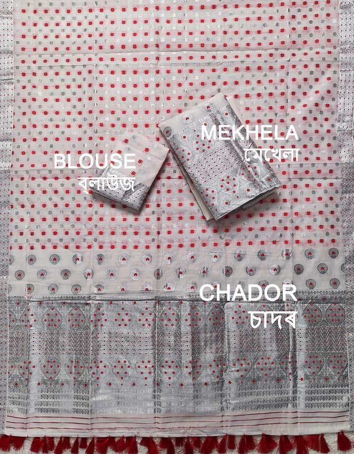 Ready-To-Wear Silver Jari & Dhaga AC Cotton* Mekhela Sador