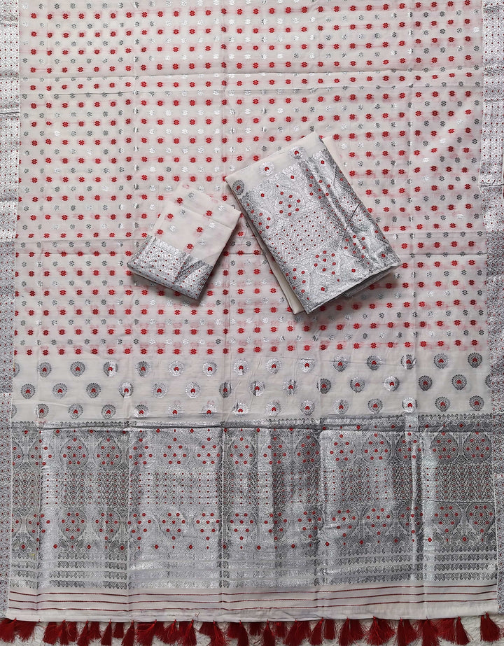 Ready-To-Wear Silver Jari & Dhaga AC Cotton* Mekhela Sador