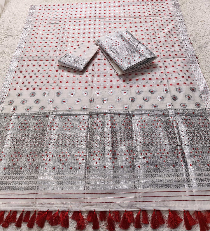 Ready-To-Wear Silver Jari & Dhaga AC Cotton* Mekhela Sador