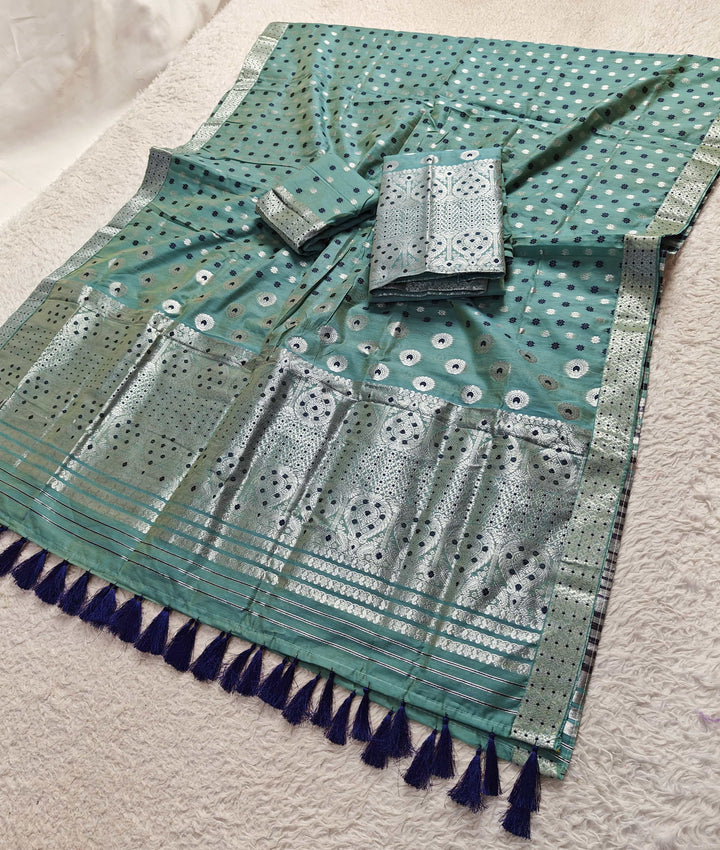 Ready-To-Wear Silver Jari & Dhaga AC Cotton* Mekhela Sador