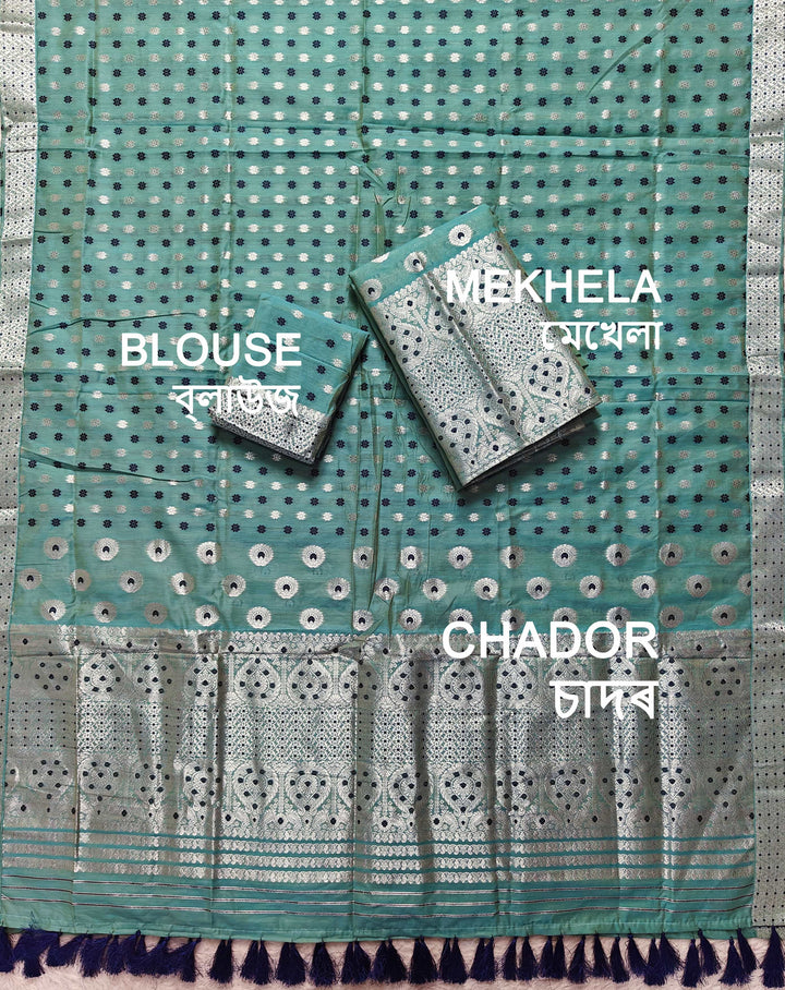 Ready-To-Wear Silver Jari & Dhaga AC Cotton* Mekhela Sador