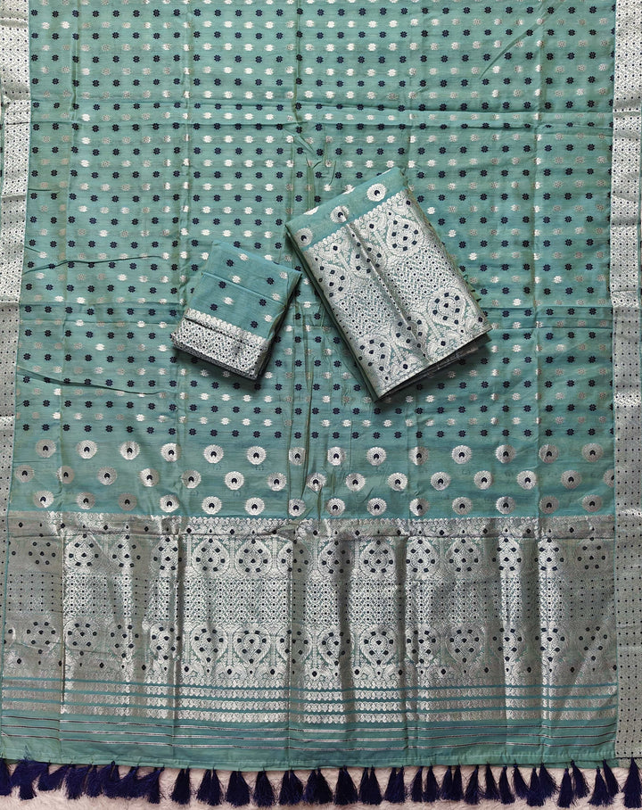 Ready-To-Wear Silver Jari & Dhaga AC Cotton* Mekhela Sador