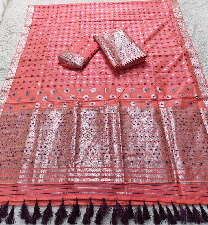 Ready-To-Wear Silver Jari & Dhaga AC Cotton* Mekhela Sador