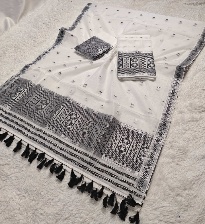 Ready-To-Wear White Silver Jari AC Cotton* Mekhela Sador