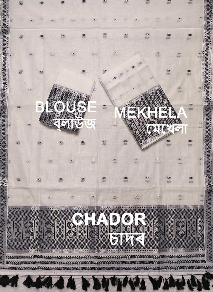 Ready-To-Wear White Silver Jari AC Cotton* Mekhela Sador