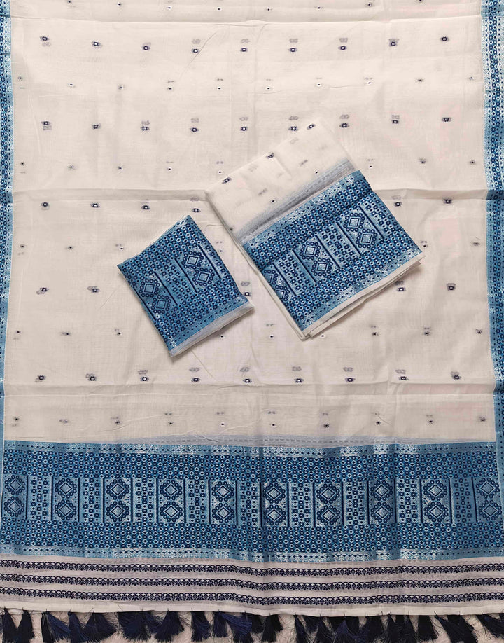 Ready-To-Wear White Silver Jari AC Cotton* Mekhela Sador