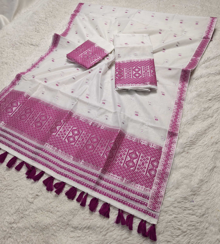 Ready-To-Wear White Silver Jari AC Cotton* Mekhela Sador