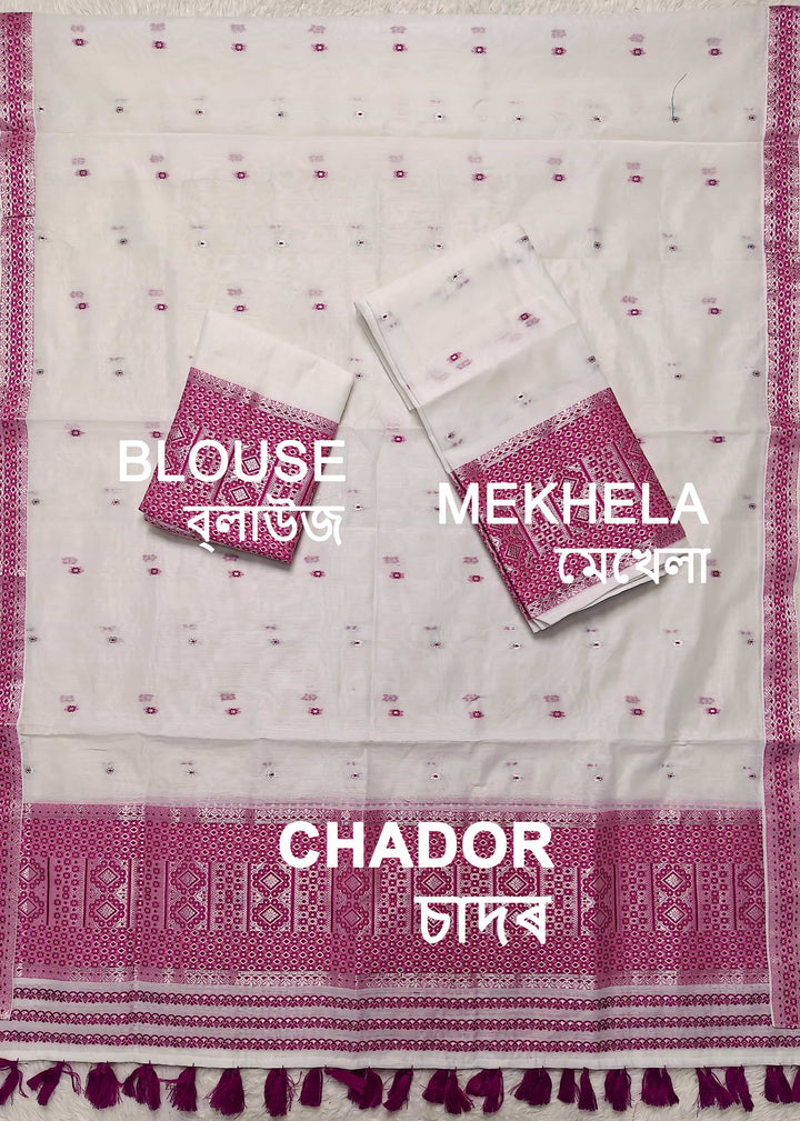 Ready-To-Wear White Silver Jari AC Cotton* Mekhela Sador