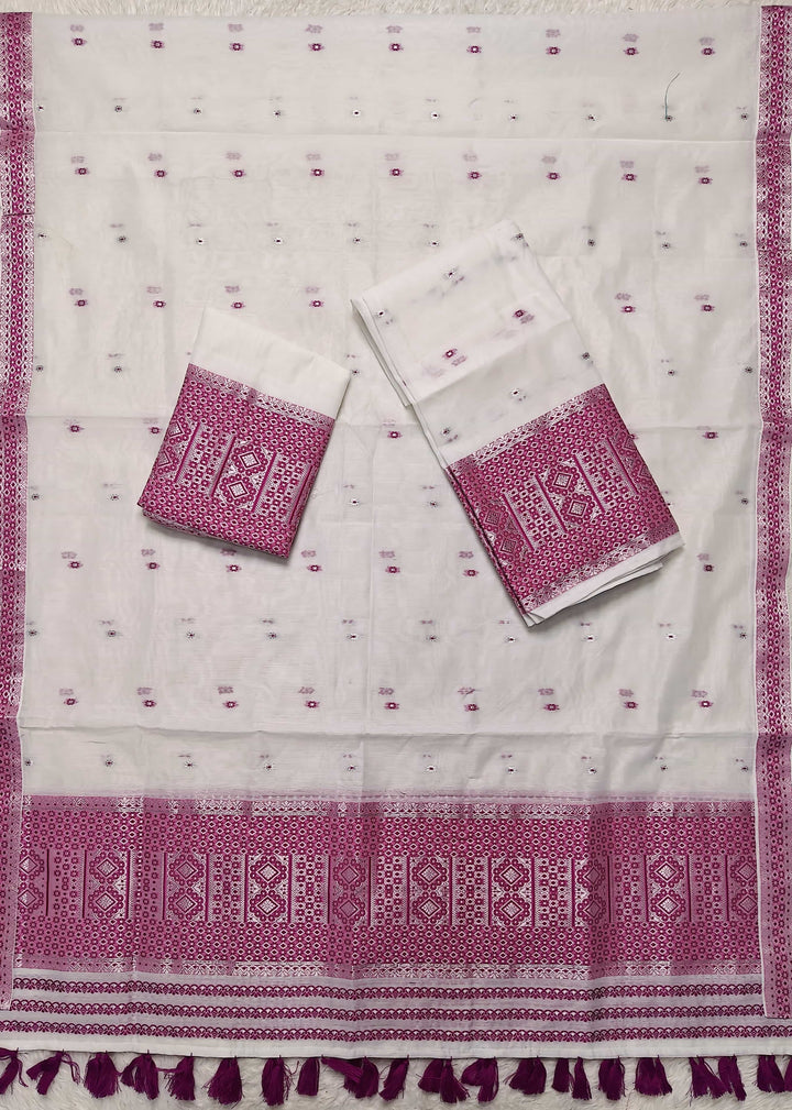 Ready-To-Wear White Silver Jari AC Cotton* Mekhela Sador