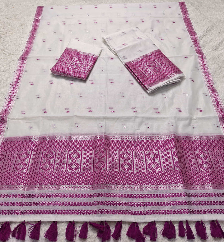 Ready-To-Wear White Silver Jari AC Cotton* Mekhela Sador