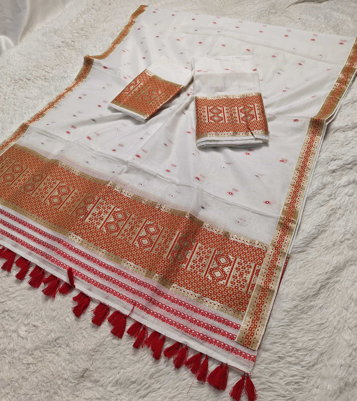 Ready-To-Wear White Silver Jari AC Cotton* Mekhela Sador