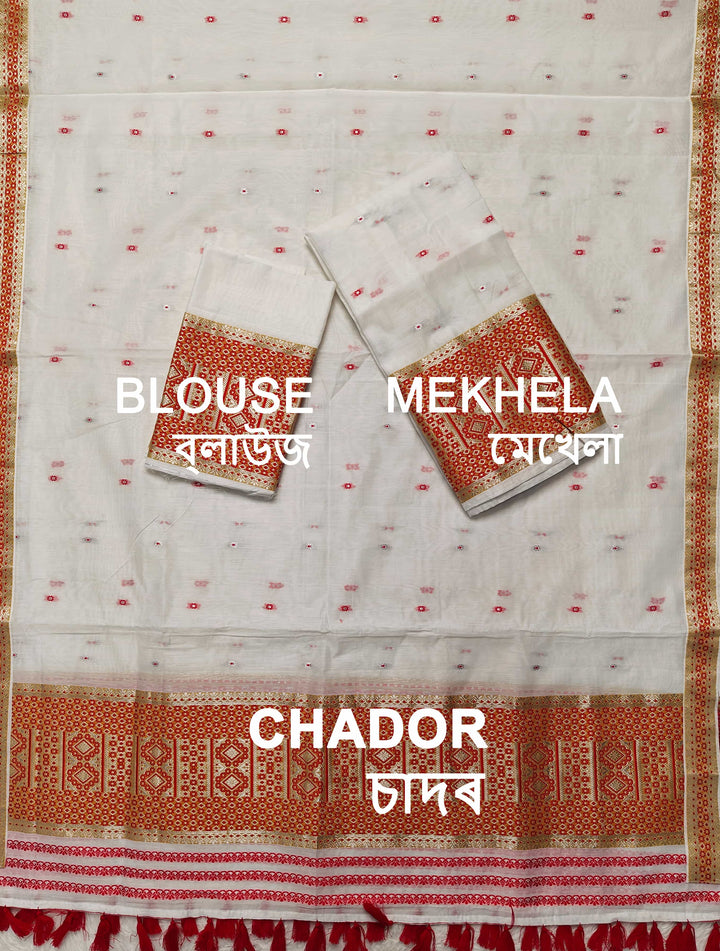 Ready-To-Wear White Silver Jari AC Cotton* Mekhela Sador