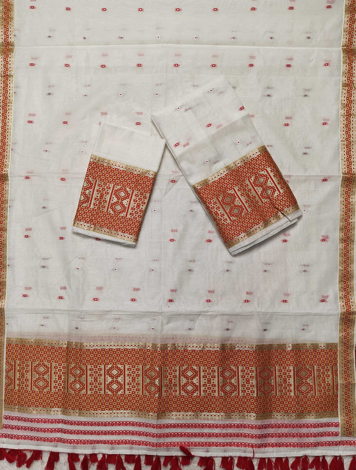 Ready-To-Wear White Silver Jari AC Cotton* Mekhela Sador