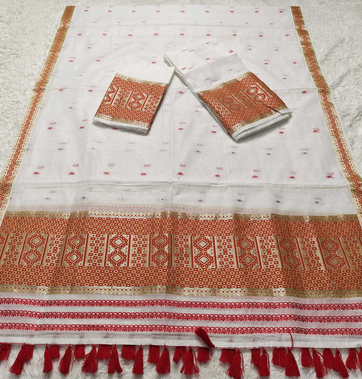 Ready-To-Wear White Silver Jari AC Cotton* Mekhela Sador