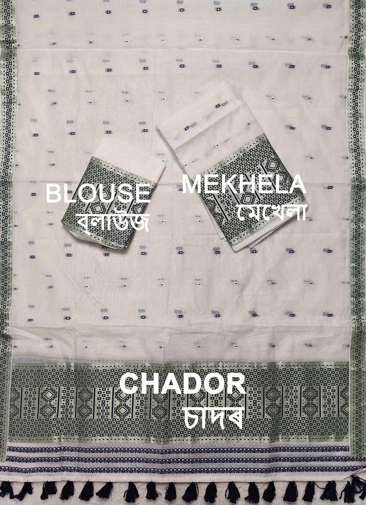 Ready-To-Wear White Silver Jari AC Cotton* Mekhela Sador