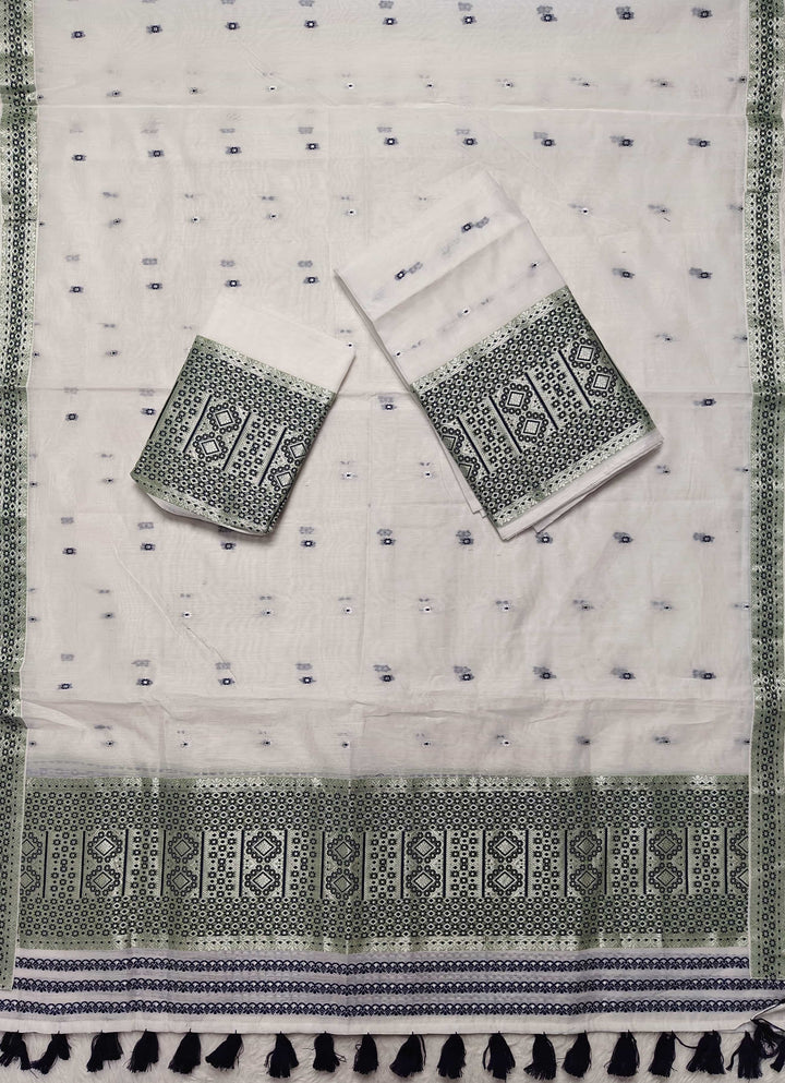 Ready-To-Wear White Silver Jari AC Cotton* Mekhela Sador