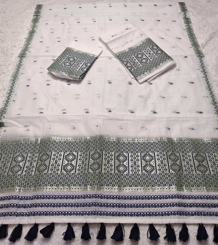 Ready-To-Wear White Silver Jari AC Cotton* Mekhela Sador