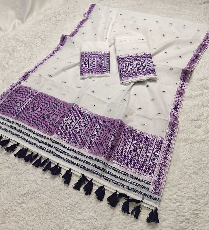 Ready-To-Wear White Silver Jari AC Cotton* Mekhela Sador