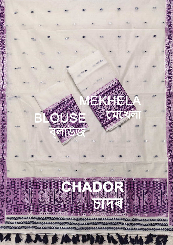 Ready-To-Wear White Silver Jari AC Cotton* Mekhela Sador