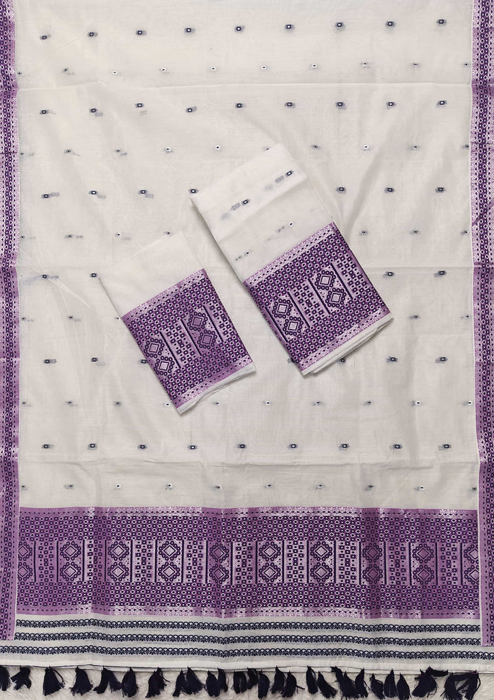 Ready-To-Wear White Silver Jari AC Cotton* Mekhela Sador