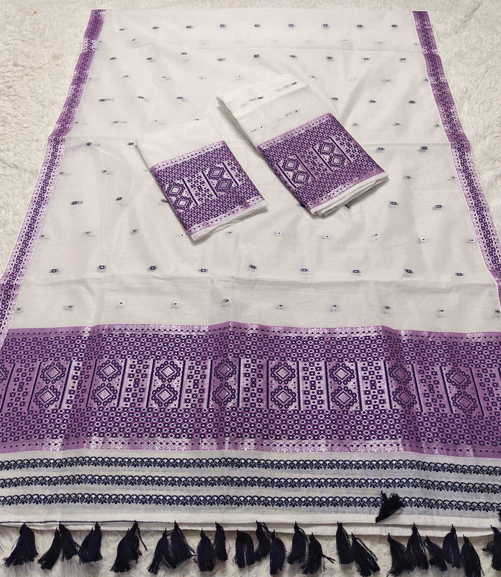 Ready-To-Wear White Silver Jari AC Cotton* Mekhela Sador