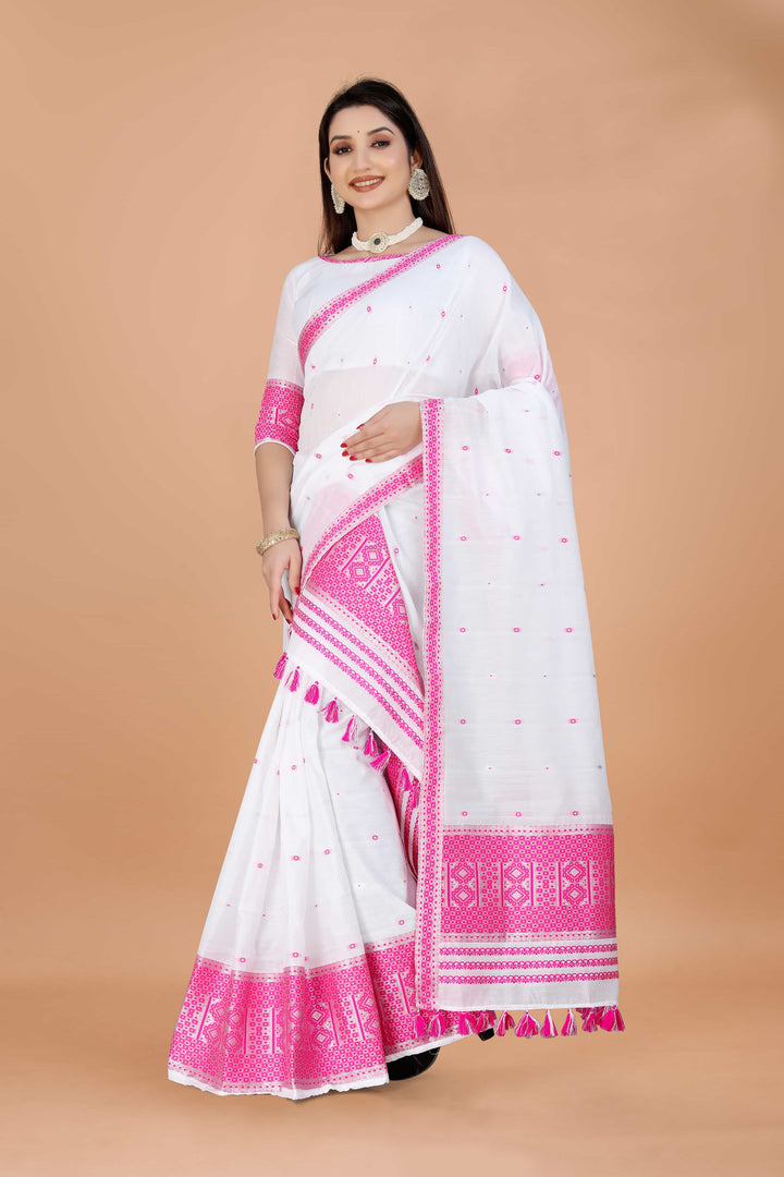 Ready-To-Wear White Silver Jari AC Cotton* Mekhela Sador